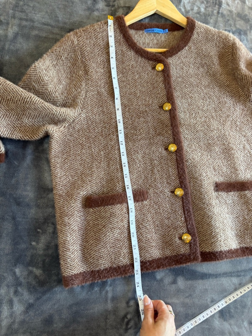 J.McLaughlin Inez Sweater Jacket XL Brown Herringbone Fuzzy Trim Button Cardigan - Picture 10 of 11